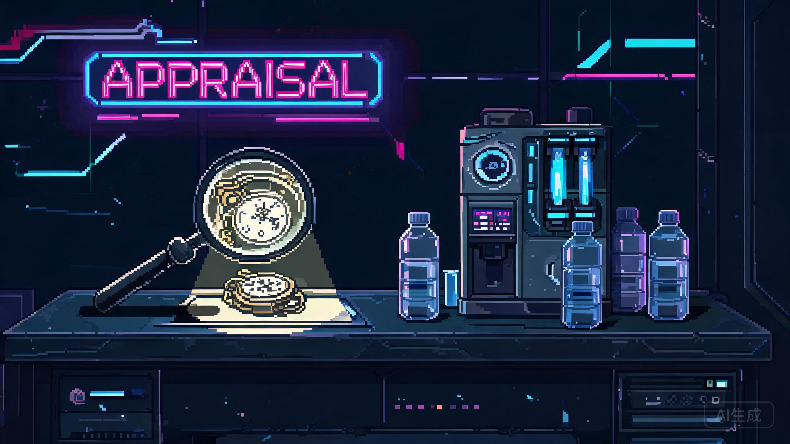 Pawnshop appraisal counter with a magnifying glass over an item under neon light