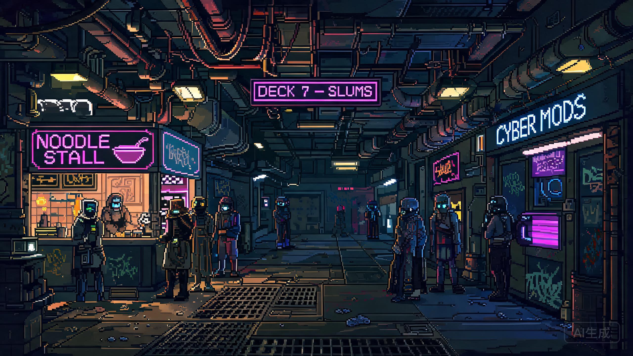 Dystopian space station lower deck: neon-lit corridors tangled with pipes